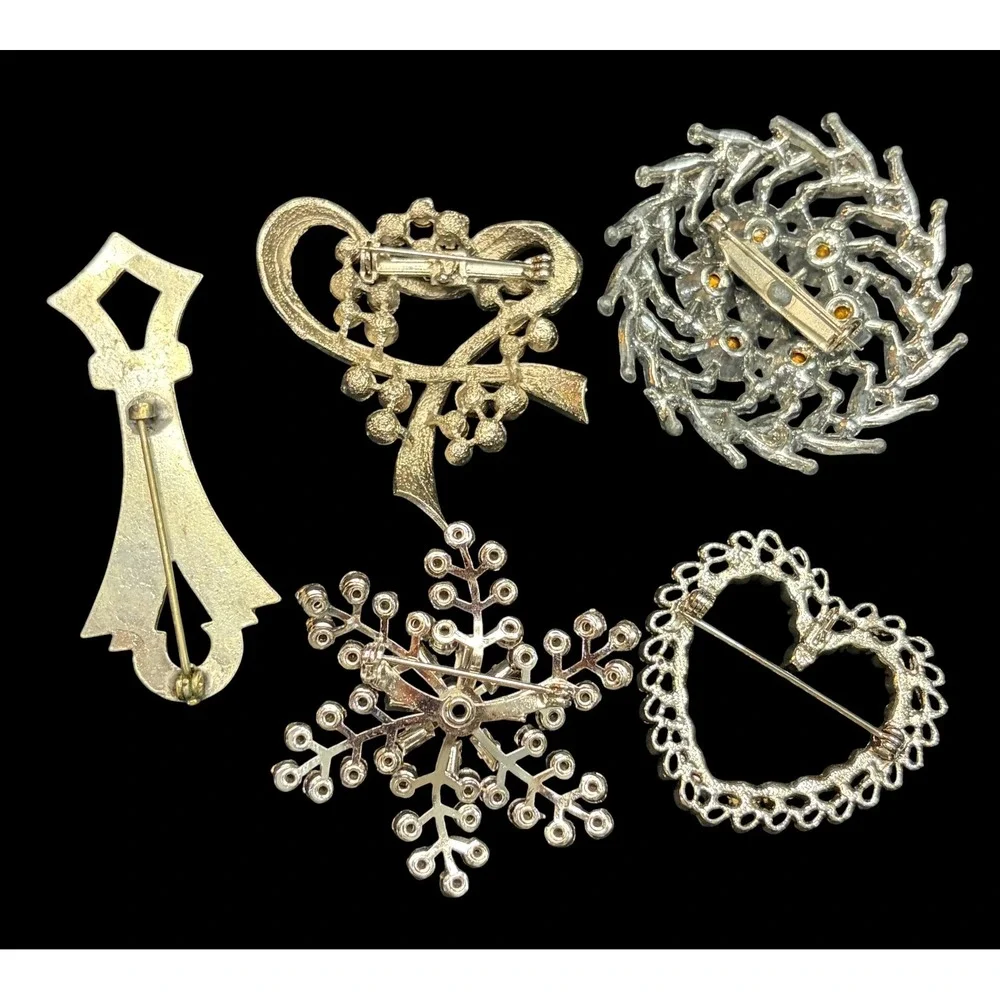 Vintage Clear Rhinestone Brooch Lot 5 Mid-Century Heart Wreath Snowflake Silver